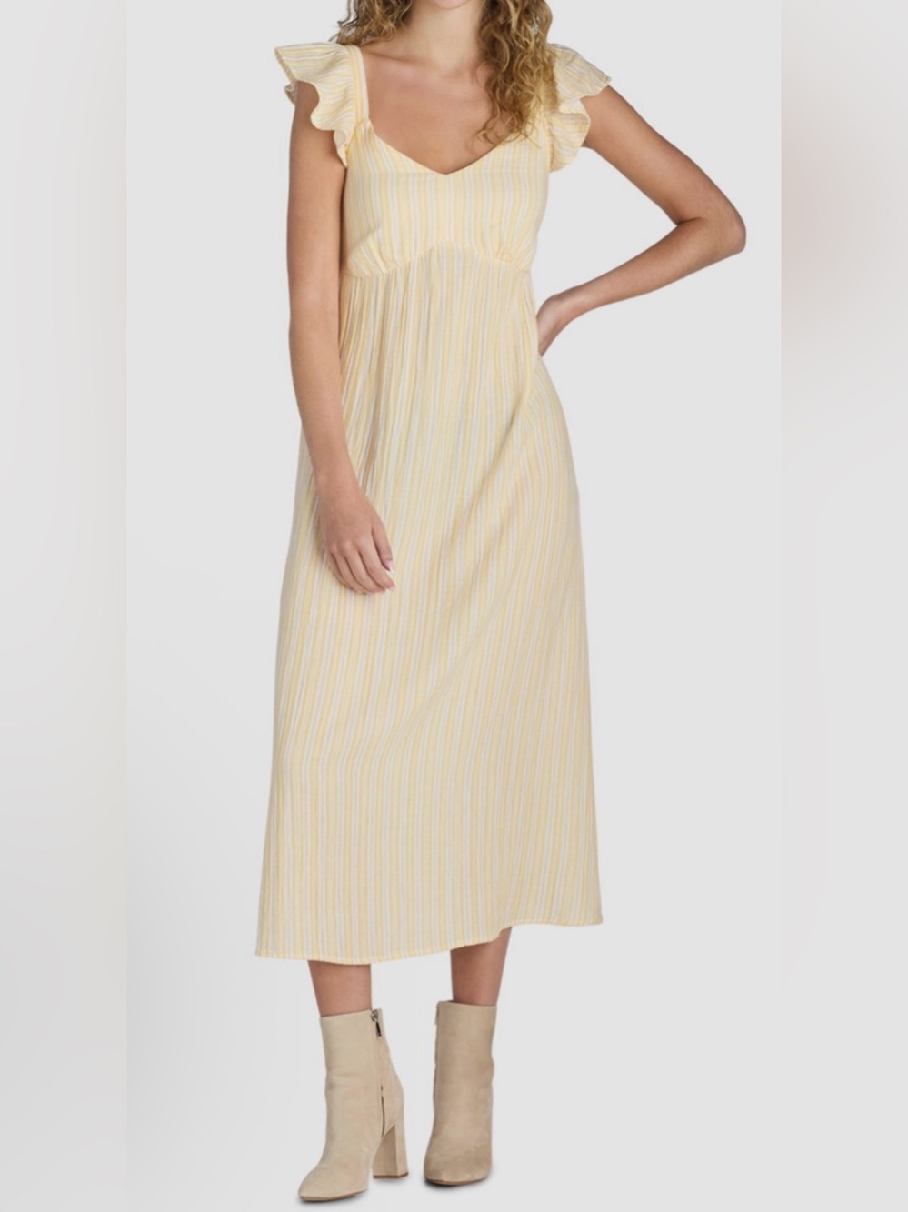 Time and Tru Yellow Striped Ruffle-Sleeve Midi Dress